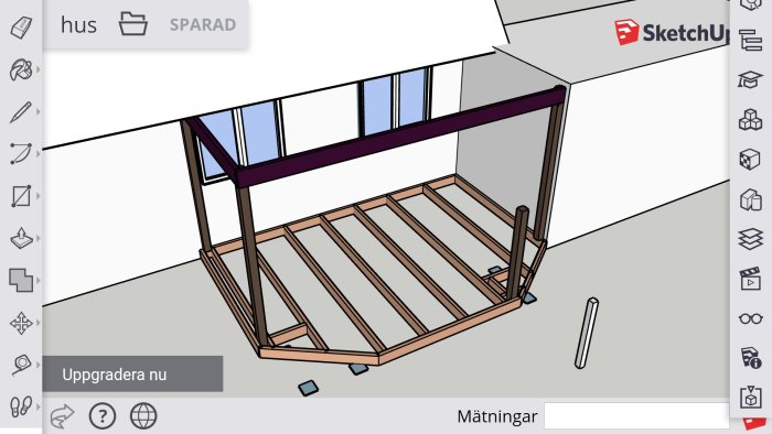 3D-modell av ett trädäck och pergola i planeringsstadiet, koncept för solskydd med segelduk.