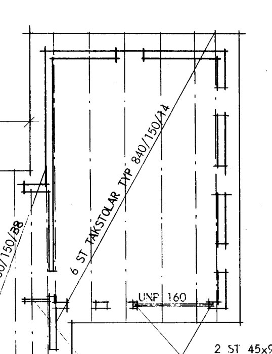 Teknisk ritning som visar mått och konstruktion av en gavel med dimensioner och materialspecificering.