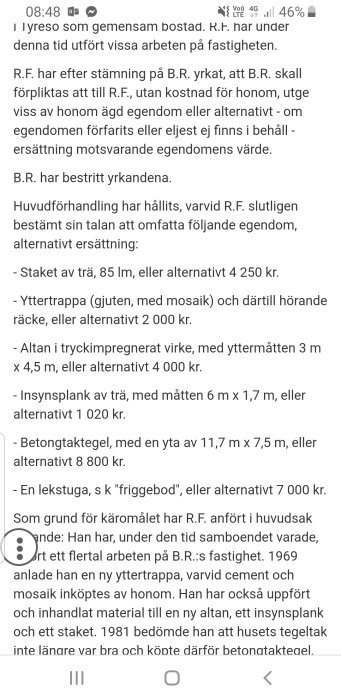 Skärmdump av text från en juridisk diskussion om egendomstvister och byggprojekt på fastighet.