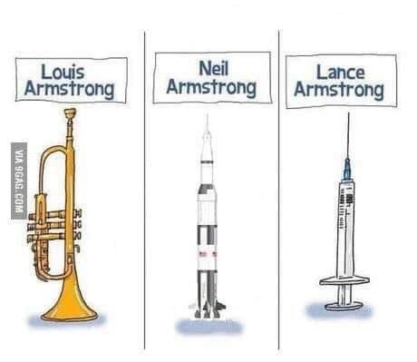 En trumpet under "Louis Armstrong", en rymdraket under "Neil Armstrong", och en spruta under "Lance Armstrong".