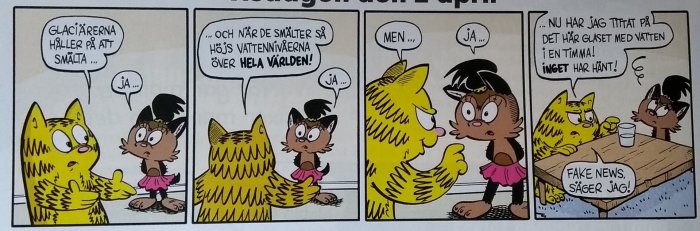 Tecknad serie med figurer diskuterande smältande glaciärer och vattennivåer, slutande med skepticism.