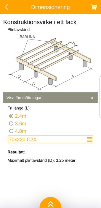 Illustration av konstruktionsvirke dimensionering med val av 70x220 bjälklag och pelaravstånd.