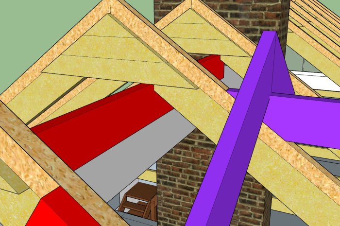 3D-ritning av en takkonstruktion med bärande delar i lila, förstärkningar i rött och befintliga väggar i grått.