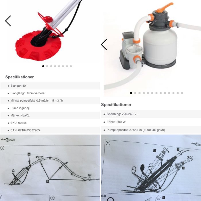 Bildcollage av pooldammsugare, poolpump och skisser för dammsugarens viktplacering och vinkelinställning.