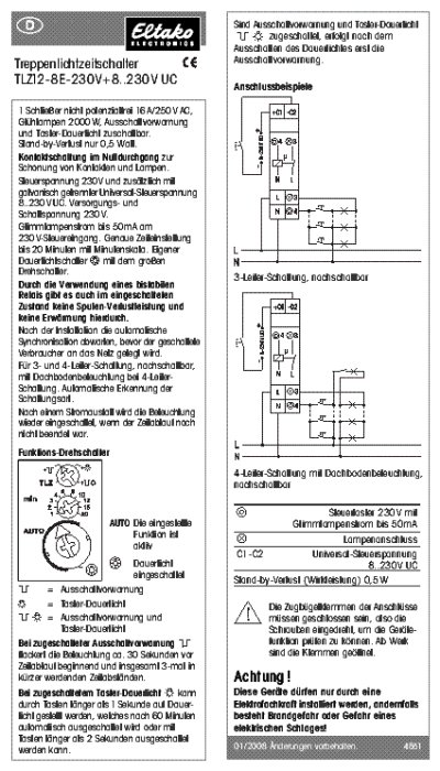 Schema över en Eltako trappautomat med anvisningar och elektriska kopplingssymboler.