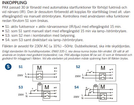 Diagram över inkoppling av PAX Passad 30 fläkt med olika strömbrytare och sensorfunktioner.