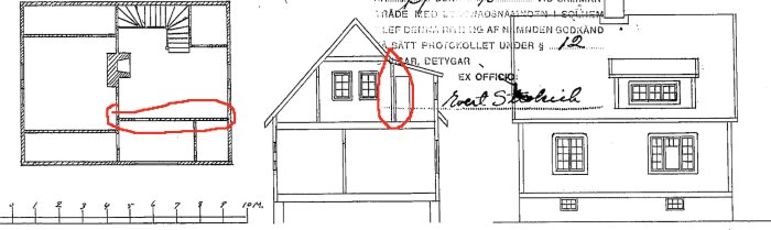 Blueprint showing a house with a red circle highlighting an interior wall; potential relocation for bathroom expansion discussed in post.