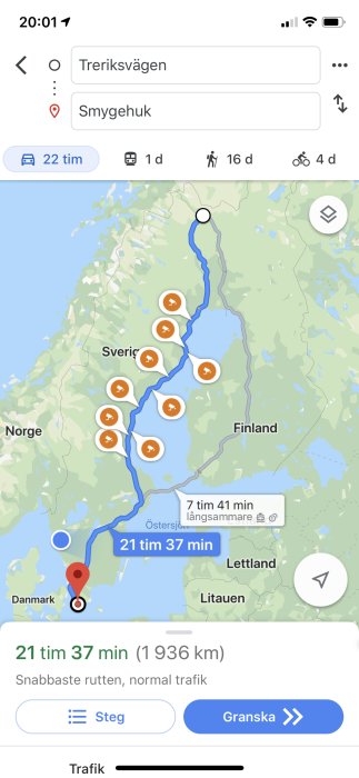 Skärmklipp av ruttplanering i Sverige med en förväntad körsträcka på 1936 km och en körningstid på 21 timmar och 37 minuter.