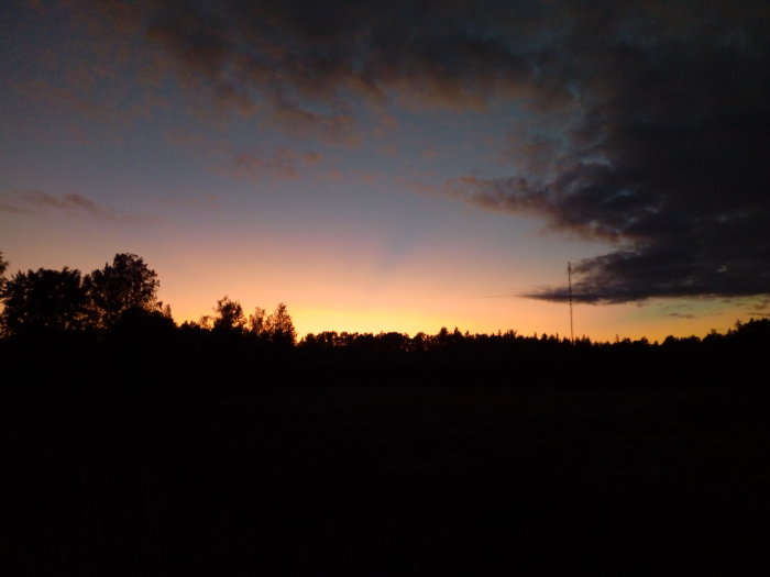 Solnedgång med silhuetter av träd och antenntorn mot en himmel med nyanser av blått och orange.