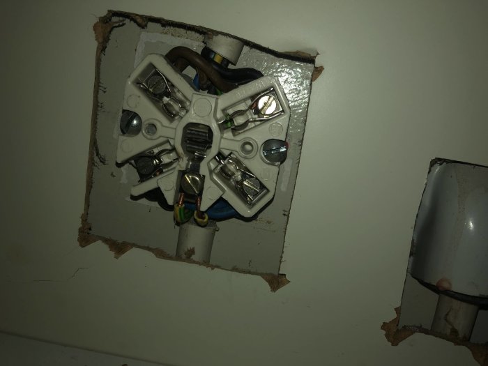 Eluttag för spis med öppen kabelkoppling och ledningar, avsett för kök installerat på 70-talet.