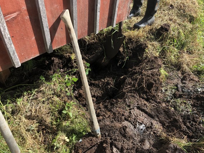Grävningsarbete vid husgrund med spade, uppturnad jord och gräs, samt en synlig sten i kanten.
