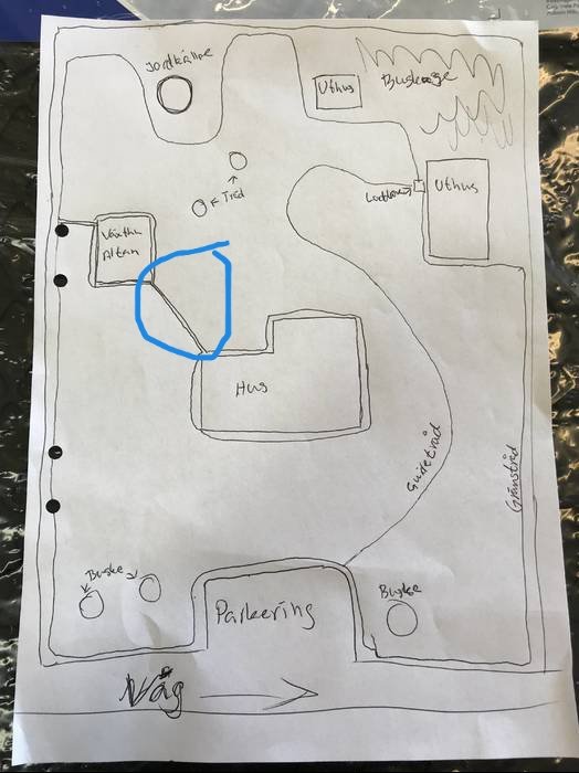 Handritad skiss av trädgårdsplanering med guidekabel korsande begränsningskabel, markerad i blått.