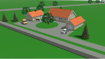 3D-modell av en gård med bostadshus, stall, garage, träd, bil och skogsbakgrund.