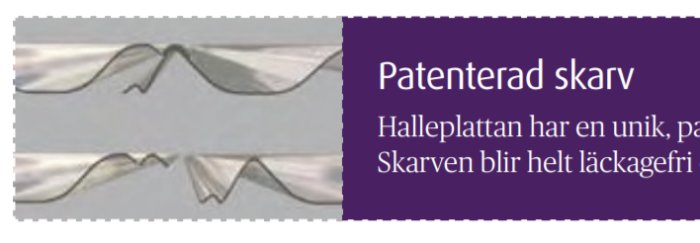Närbild av en patenterad skarv mellan byggskivor med läckagesäker design från ett produktblad.
