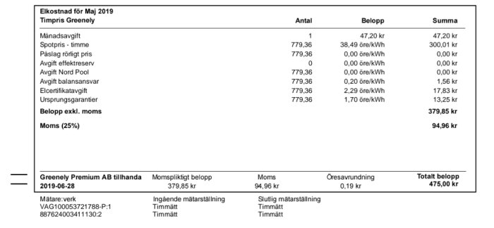 Skärmbild av en elräkning för maj med detaljerad kostnadsuppdelning och totalbeloppet 475 kr.
