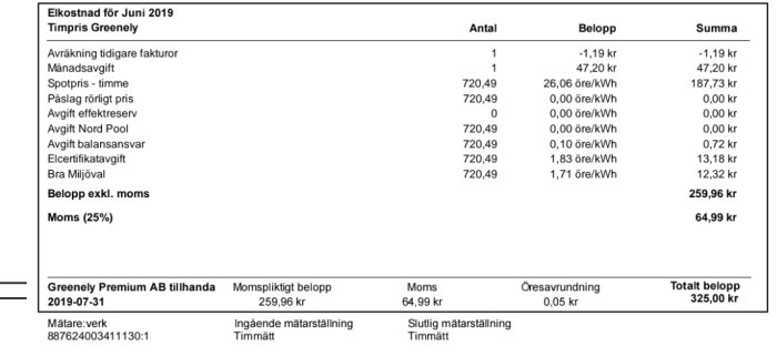 Elräkning med detaljerad kostnadsfördelning och totalbelopp, inklusive moms och öresavrundning.