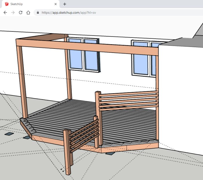 3D-skiss av trädäck med stolpe och ribbstaket intill en husvägg.