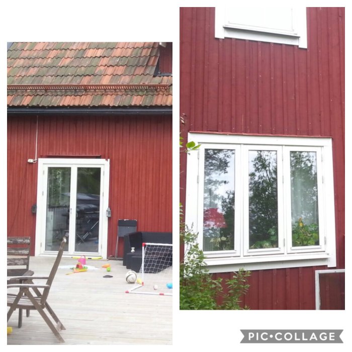 Altandörr i trä och 3-glas träfönster installerade på en röd stuga.