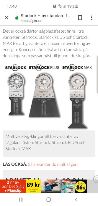 Tre multiverktygsklingor med olika Starlock-fästen: Starlock, Starlock PLUS och Starlock MAX.