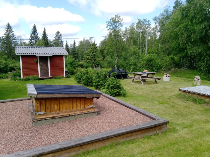 Fritidshus trädgård med trekammarbrunn under den vänstra lådan och fördelningsbrunn till höger.
