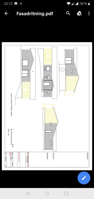 Skärmvisning av en fasadritning i en PDF-fil visande olika vyer av en byggnadsdesign.