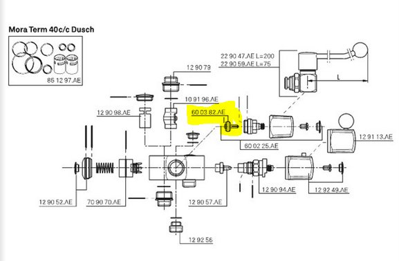 Schematisk ritning av Mora Term-duschblandare med markerad reservdelsnummer 600382.AE.