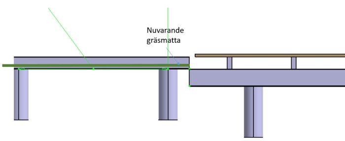 Teknisk ritning av altan med dimensioner, visar gräsmatta och konstruktion med reglar och plintar.