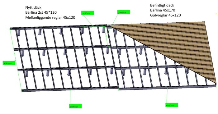 Ritning av trädäck med dimensioner, befintliga och nya reglar samt bärstolpar.