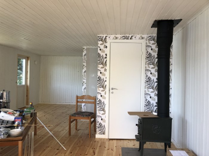 Pågående renovering av vardagsrum med vedspis, tapetserad vägg och sparsam inredning.