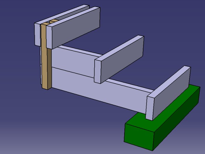 3D-modell av trappkonstruktion med överlappande reglar och betongblock som stöd.