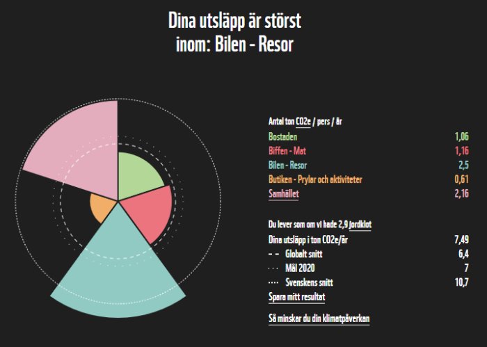 Cirkeldiagram som visar CO2-utsläpp fördelade på kategorier med störst utsläpp från bilresor.