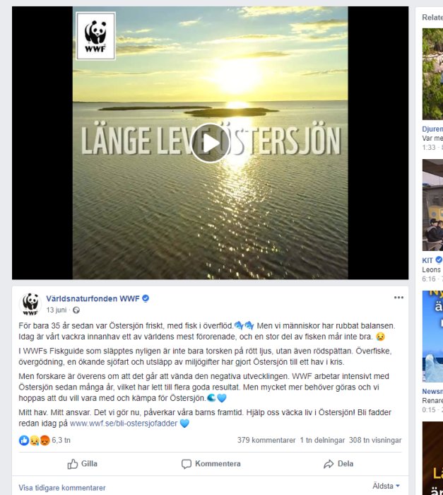 Soluppgång över ett stilla Östersjön med texten "LÅNGE LEVE ÖSTERSJÖN" och WWF-logotyp.