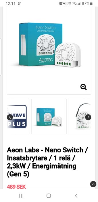 Aeotec Nano Switch förpackning och enhet, en smart insatsbrytare med energimätning (Gen 5).