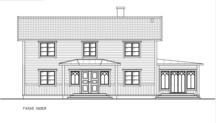 Arkitektonisk ritning av ett hus med liggande och stående träpanel, allmogemidja och fönster.