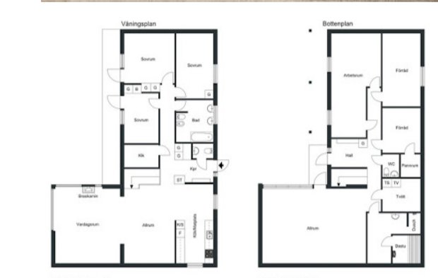 Planritning över en suterrängvilla med två våningar, inklusive rummets beteckningar och positionering.