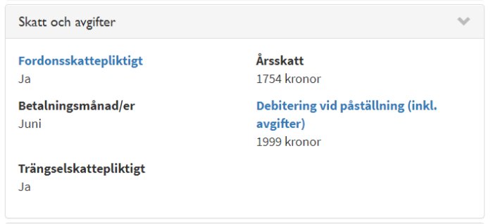 Skärmbild av fordonskatt och avgifter visar årsavgift och trängselskatt för en specifik bilmodell.