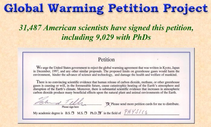 Skärmbild av "Global Warming Petition Project" med text som anger 31,487 vetenskapsmän, inklusive 9,029 PhDs, har undertecknat petitionen.