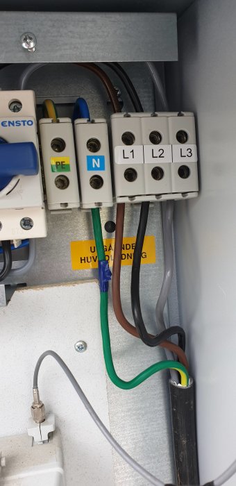 Elektriskt skåp med jord och nolla på samma plint samt fasledare L1, L2, L3 i en central.