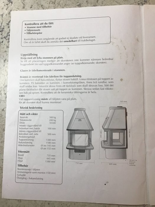 Monteringsanvisning och tekniska specifikationer för en täljstenskamin, inklusive mått och illustrationsritningar.