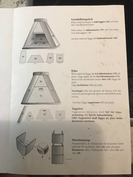 Montering av skorsten med instruktioner och bilder på delar: bakvägg, sidostycken, bottenstycken, överdelar och skorstenstopp.