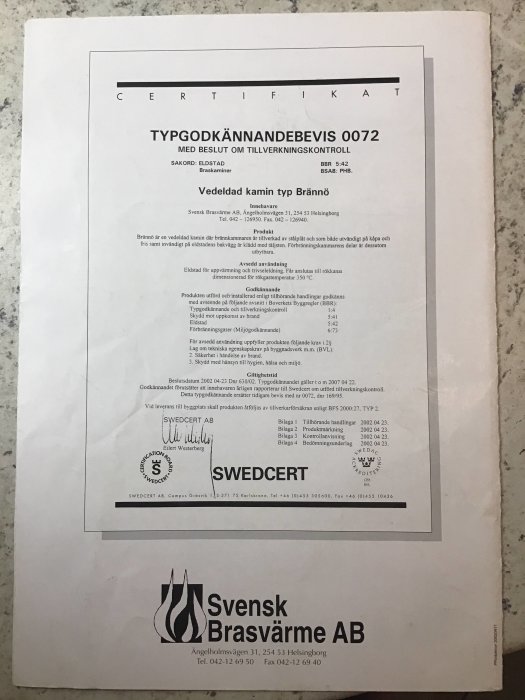 Certifikat för vedeldad kamin typ Brännö med godkännandebevis och tillverkningskontroll detaljer.