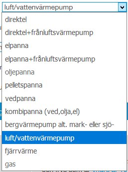 Skärmdump av rullgardinsmeny med olika värmesystem, luft/vatten-värmepump markerat, saknar luft/luft-värmepump.