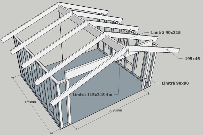 3D-modell av byggnadsstomme med angivna mått på limträbalkar för takkonstruktion.