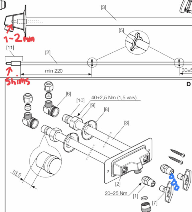 Teknisk ritning av en kran med anvisningar för reparation och justering, inklusive shims och måttangivelser.