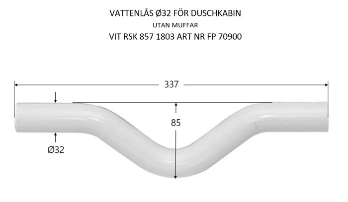 Vit vattenlås för duschkabin, dimension Ø32, utan muffar, med måttangivelser.