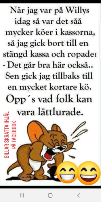 Illustration av en listig tecknad hund som skrattar, med text som beskriver ett skämt om att lura folk i butiksköer.