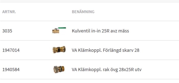 Produktlista visar en kulventil och två typer av VA klämkopplingar inklusive en förlängd skarv och en rak koppling.