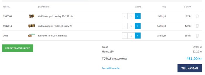 Skärmbild av en varukorg med VVS-delar inklusive klämkopplingar och en kulventil, totalpris 461 kronor.