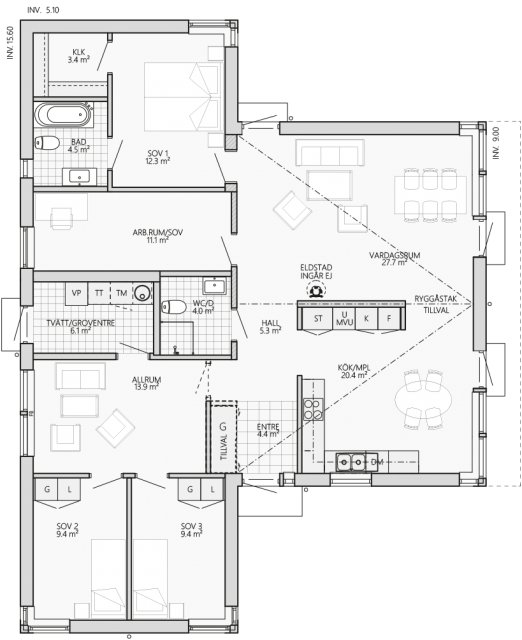 Arkitektritning av villa Lövhem som visar planlösning med 6 rum och kök på 139 kvm, inkluderar annoteringar och kritik av utrymmenas fördelning och funktion.