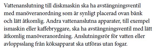 Textdokument med regler för vattenanslutning till diskmaskin och andra köksapparater.